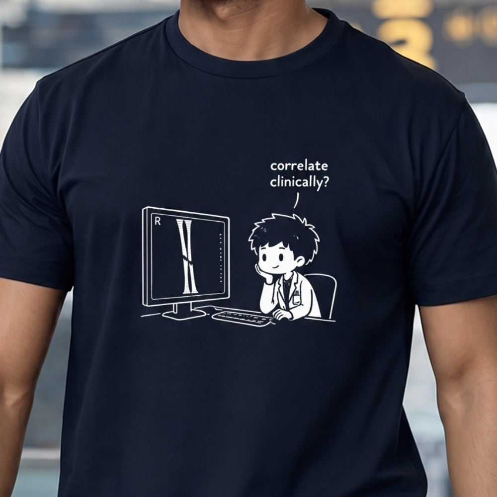 Correlate Clinically? | Unisex Stretch T-shirt for Medicos | White Print on Dark Tshirt