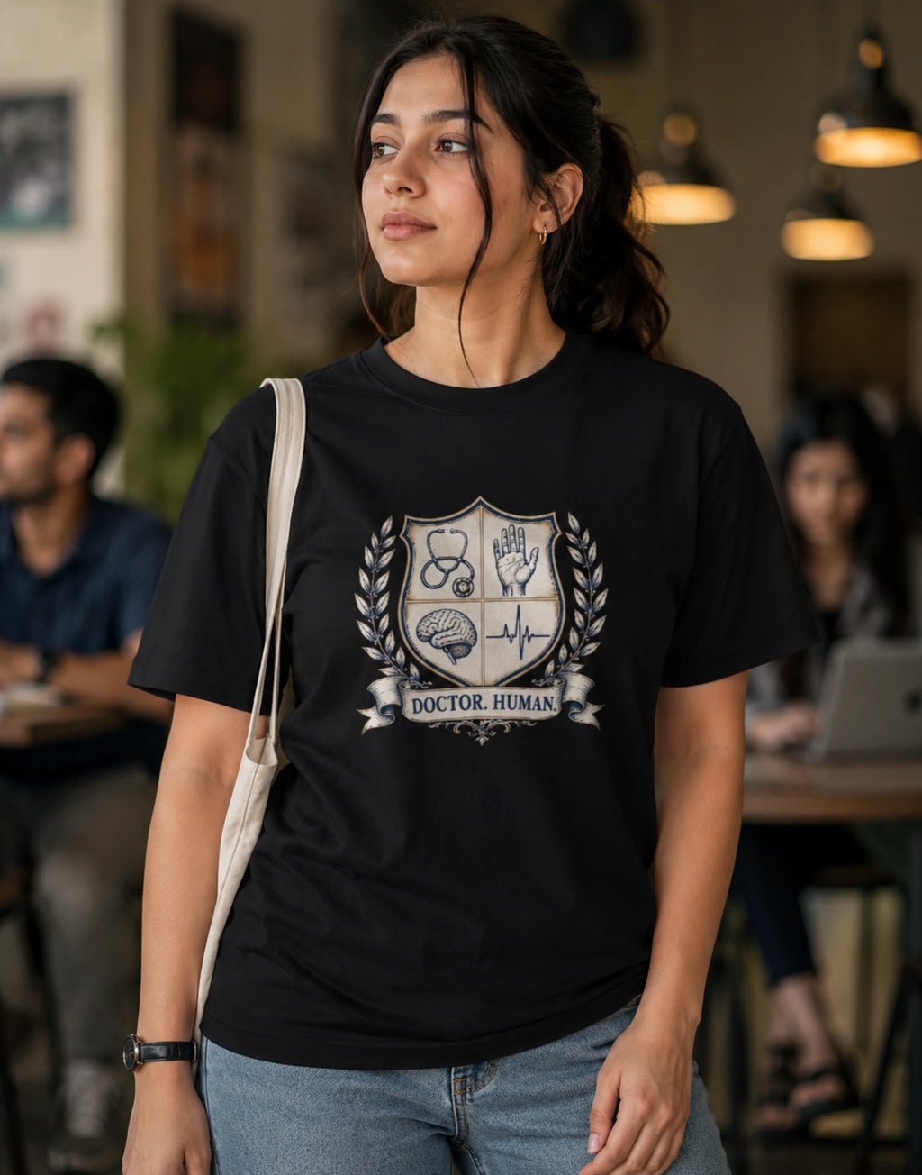 Person wearing a black t-shirt with a logo and text in a casual setting