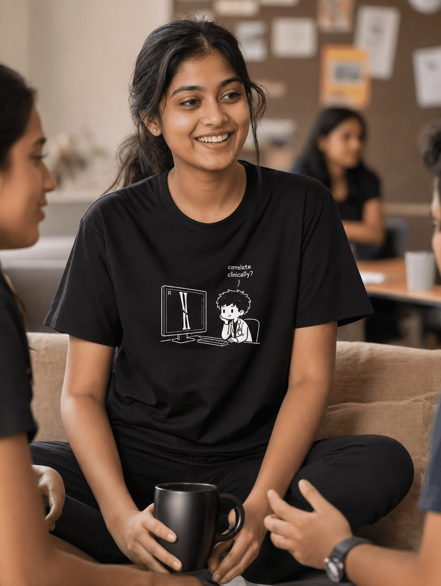 Correlate Clinically? | Unisex Stretch T-shirt for Medicos | White Print on Dark Tshirt