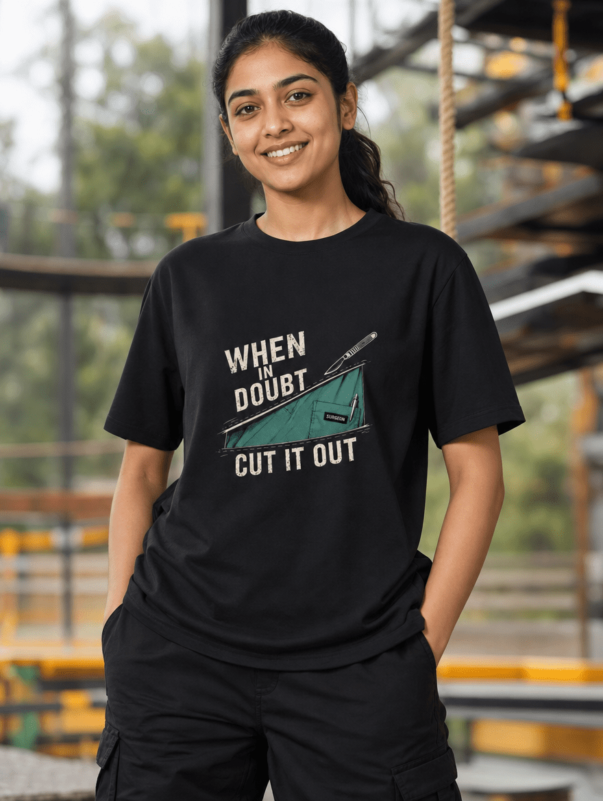 When in Doubt Cut it Out | Unisex Stretch T-shirt for Surgeons / Interns | Light Print on Dark Tshirt