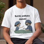 Person wearing a white t-shirt with cartoon characters and text.
