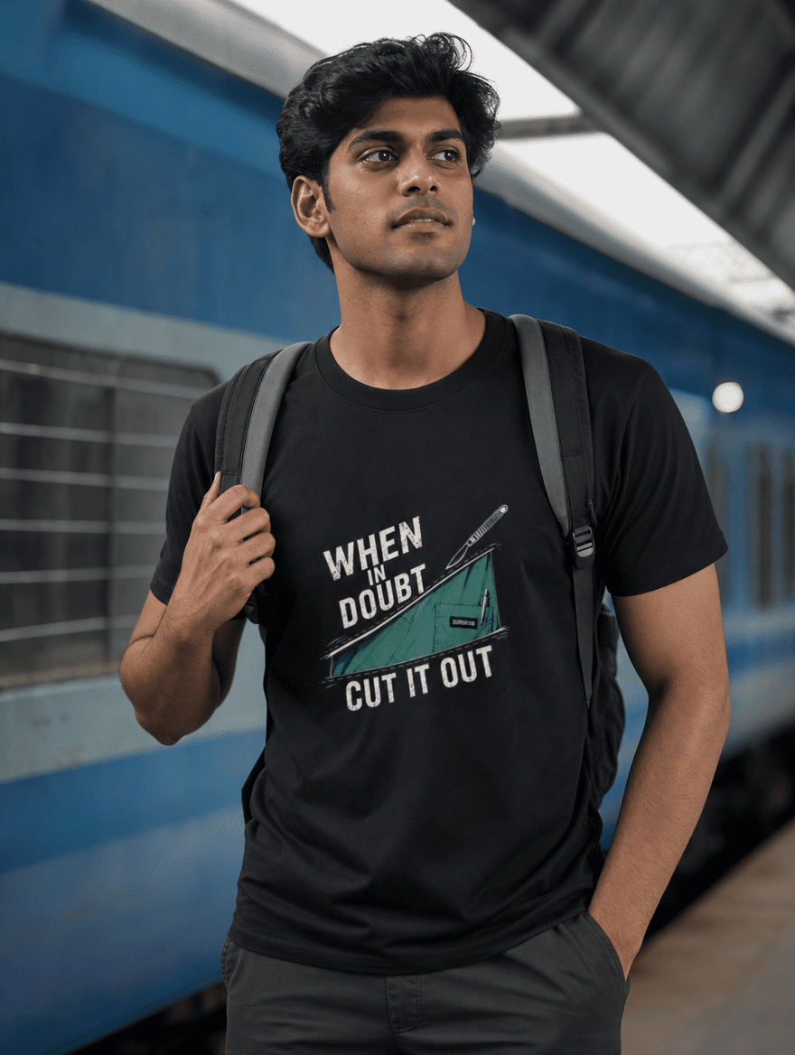 When in Doubt Cut it Out | Unisex Stretch T-shirt for Surgeons / Interns | Light Print on Dark Tshirt