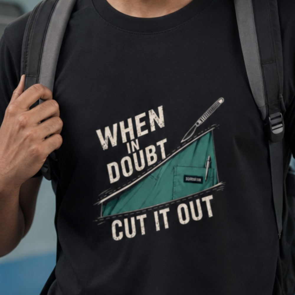 When in Doubt Cut it Out | Unisex Stretch T-shirt for Surgeons / Interns | Light Print on Dark Tshirt
